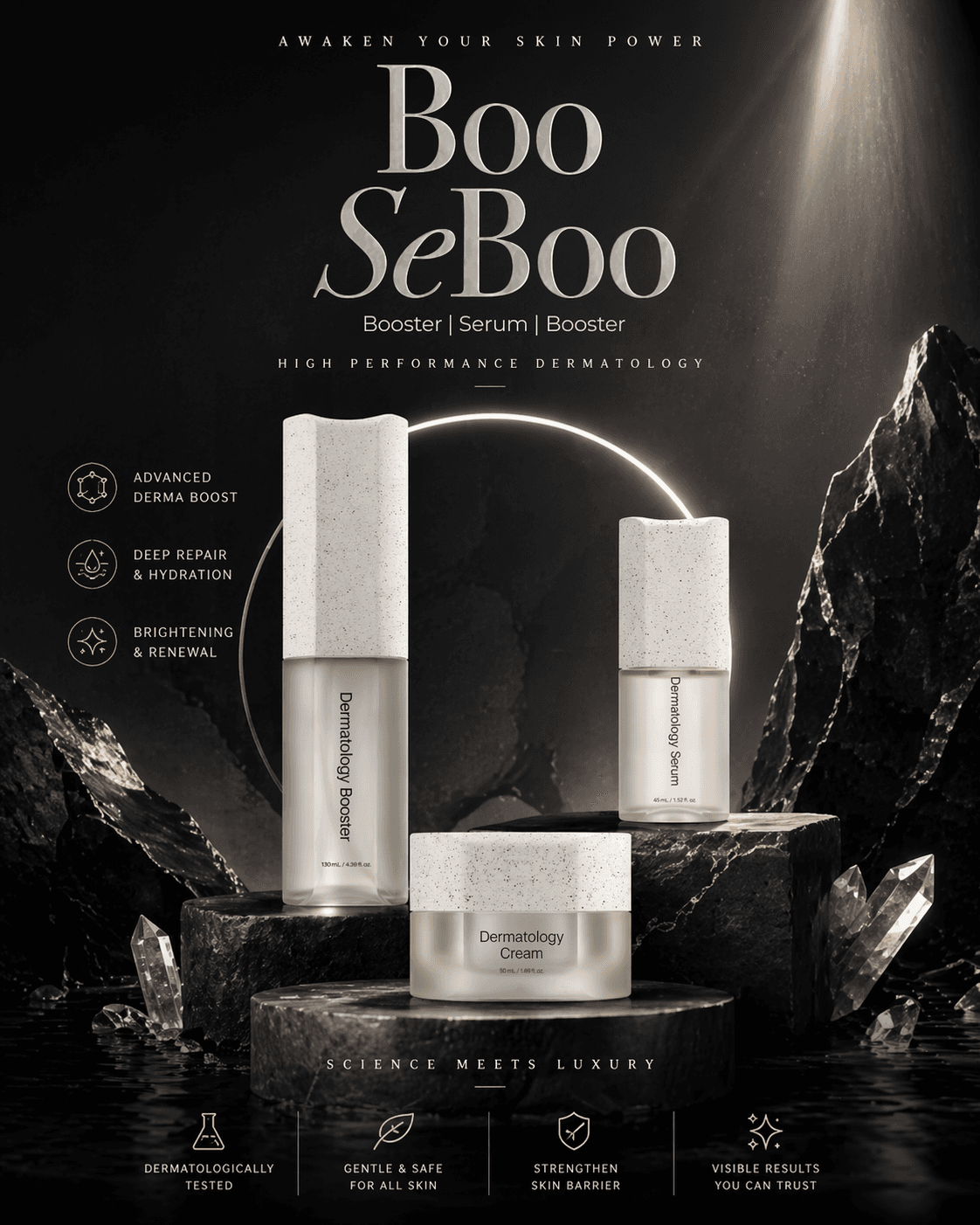 Bộ Boo Se Boo Dermatology trên đá đen với vòng sáng và pha lê