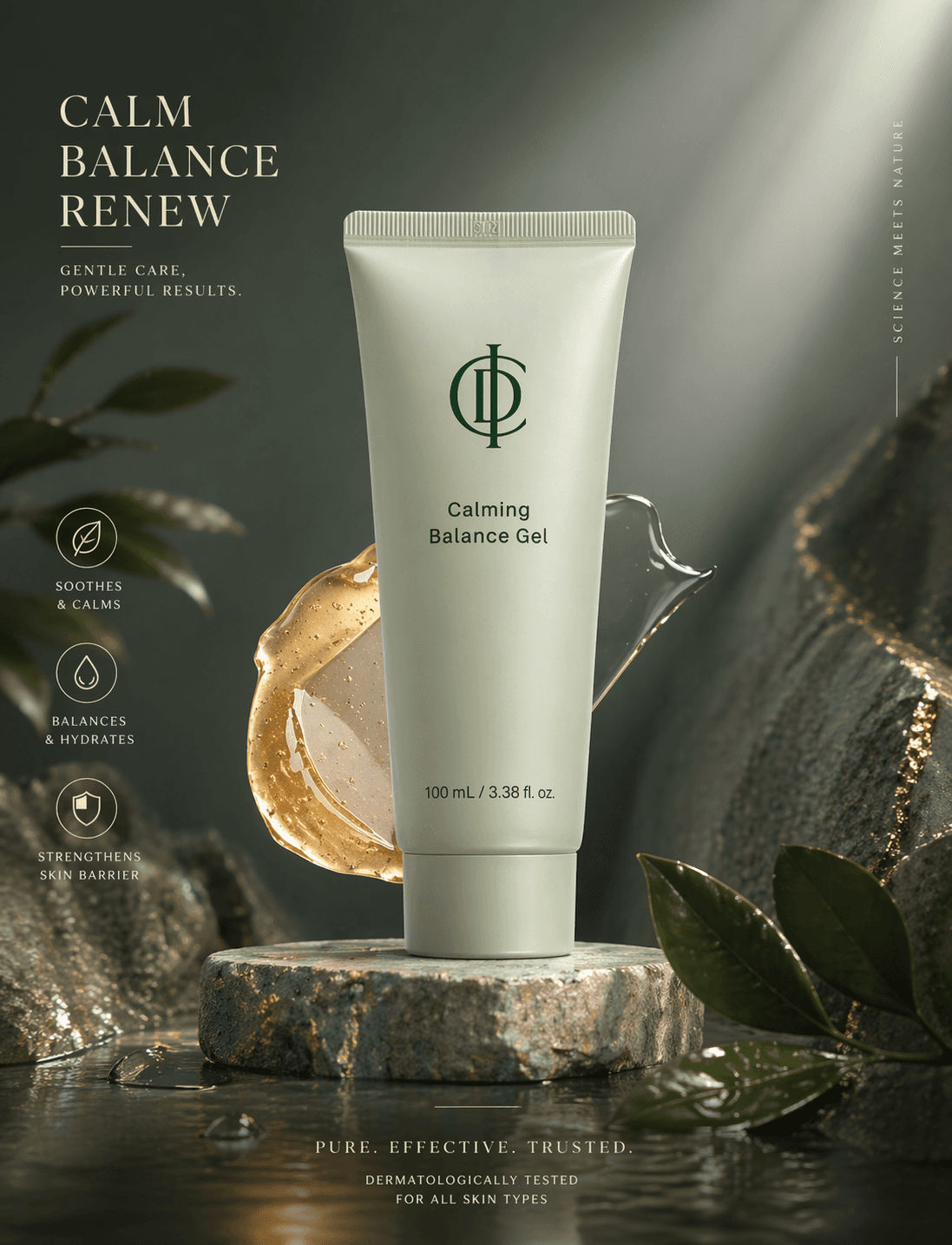 Calming Balance Gel với texture gel ánh vàng trên nền đá và lá xanh