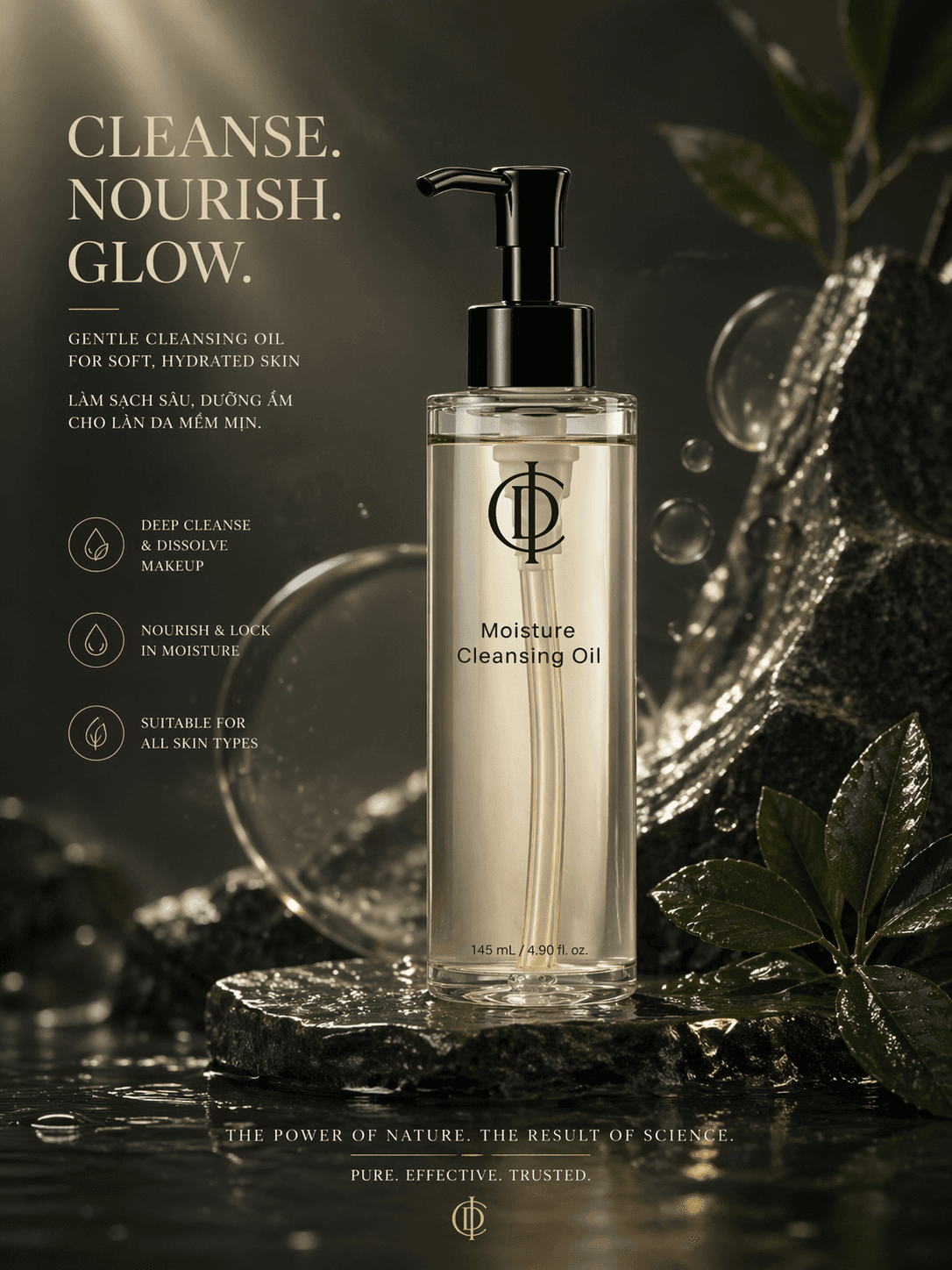 Chai Moisture Cleansing Oil trên nền đá đen, ánh sáng botanical sang trọng