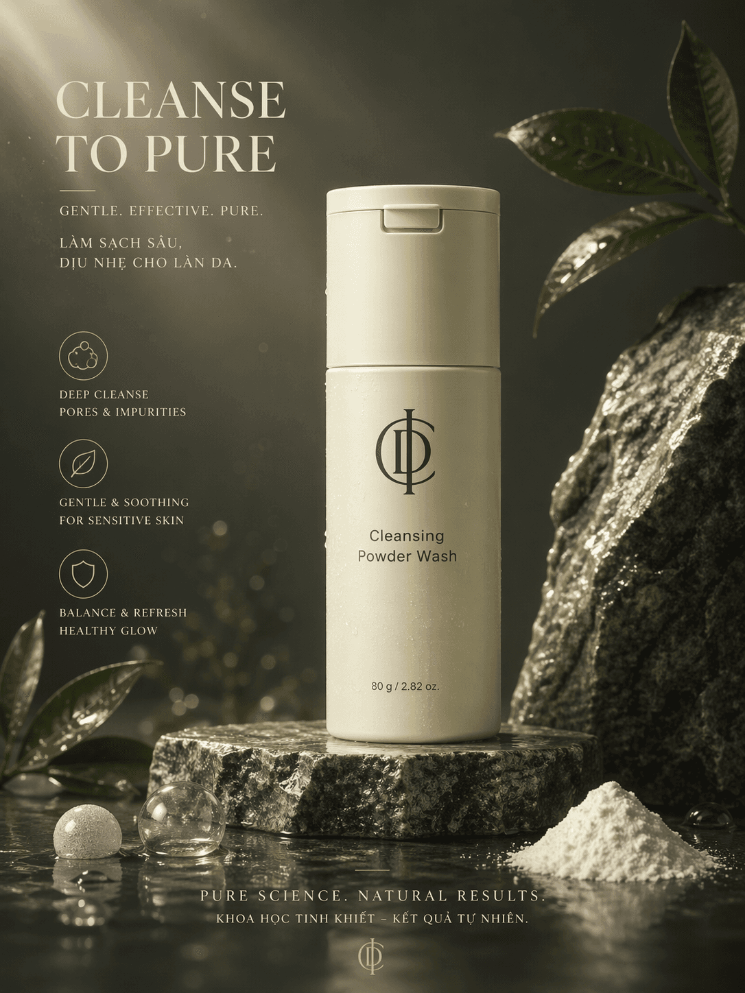 Cleansing Powder Wash màu ngà trên bệ đá với bột mịn và lá xanh