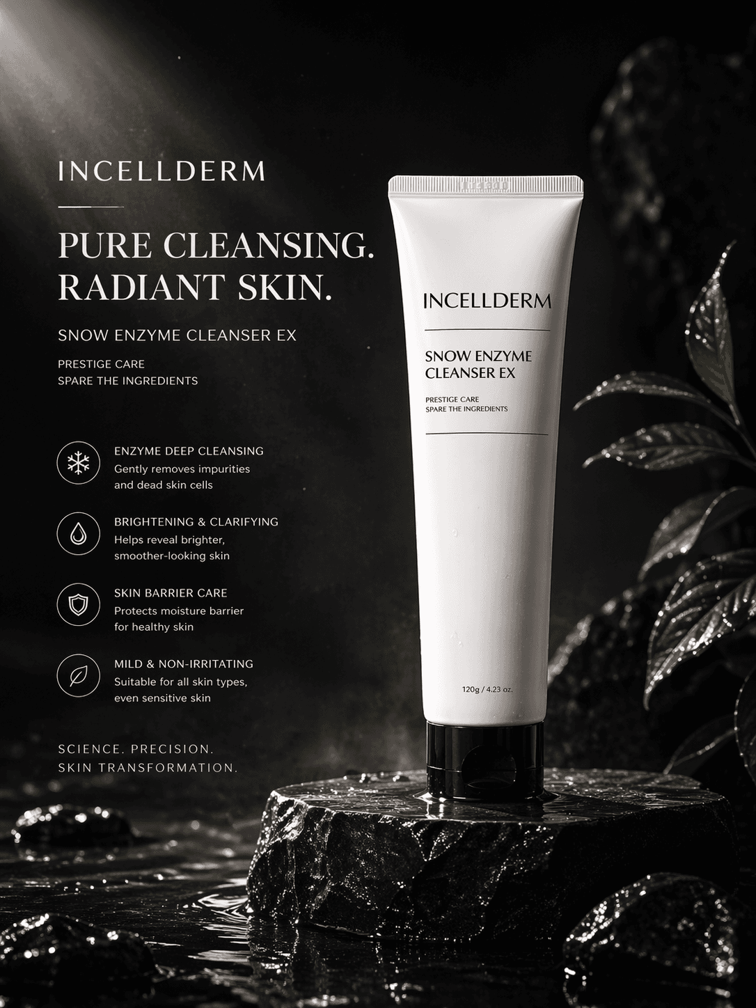 Tuýp Snow Enzyme Cleanser EX trắng trên nền marble đen ướt
