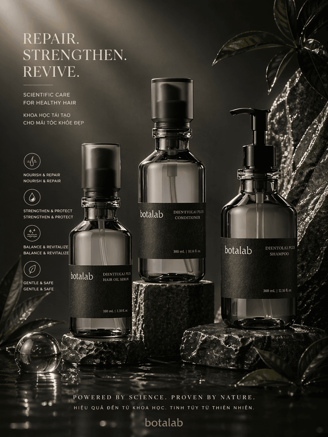 Botalab Haircare Kit gồm shampoo conditioner và hair oil serum trên đá tối