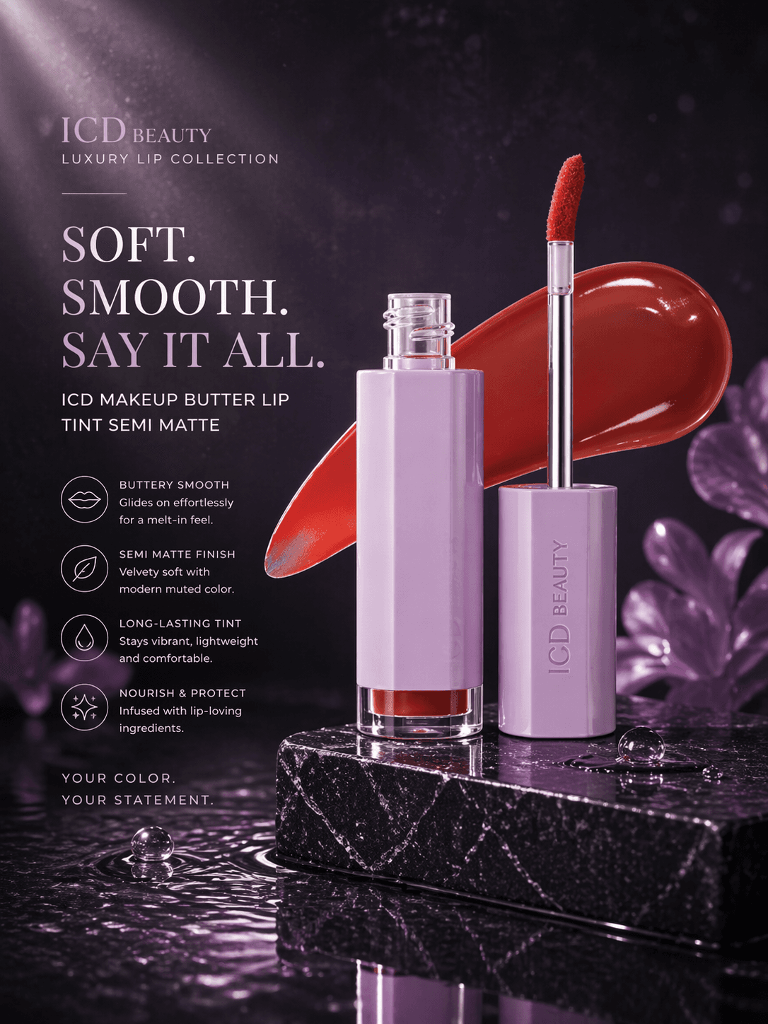 ICD Beauty Butter Lip Tint với vệt màu đỏ trên nền đá tối