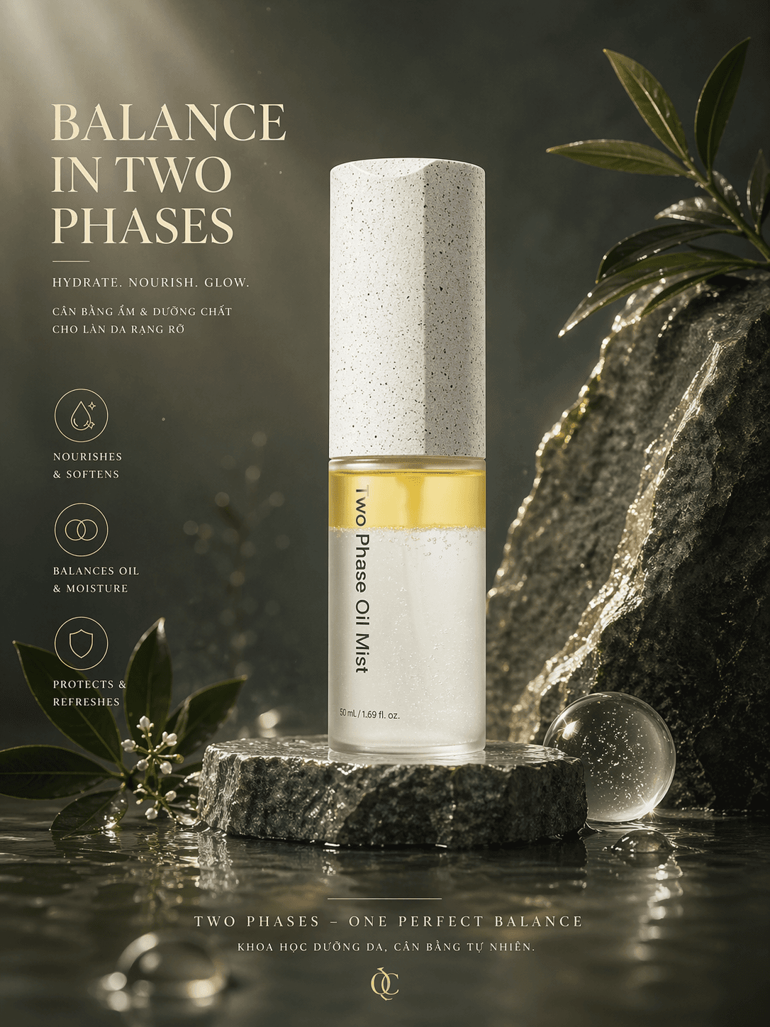 Two Phase Oil Mist trên đá tối với lớp dầu vàng và ánh phản chiếu