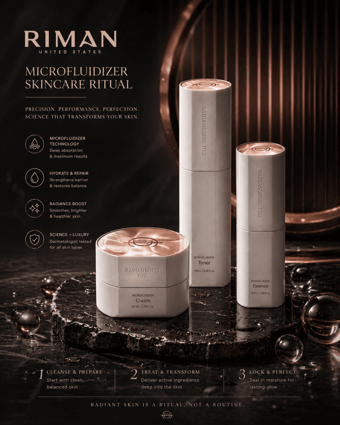 Radiansome 100 toner essence và cream trên nền marble đen ánh đồng