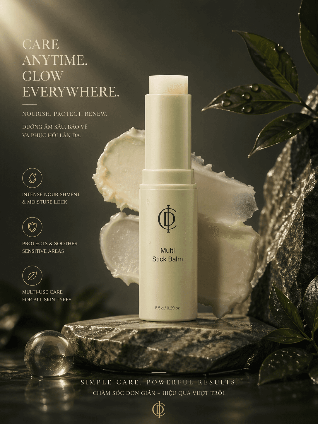 Multi Stick Balm màu ngà cạnh texture balm trên nền botanical tối