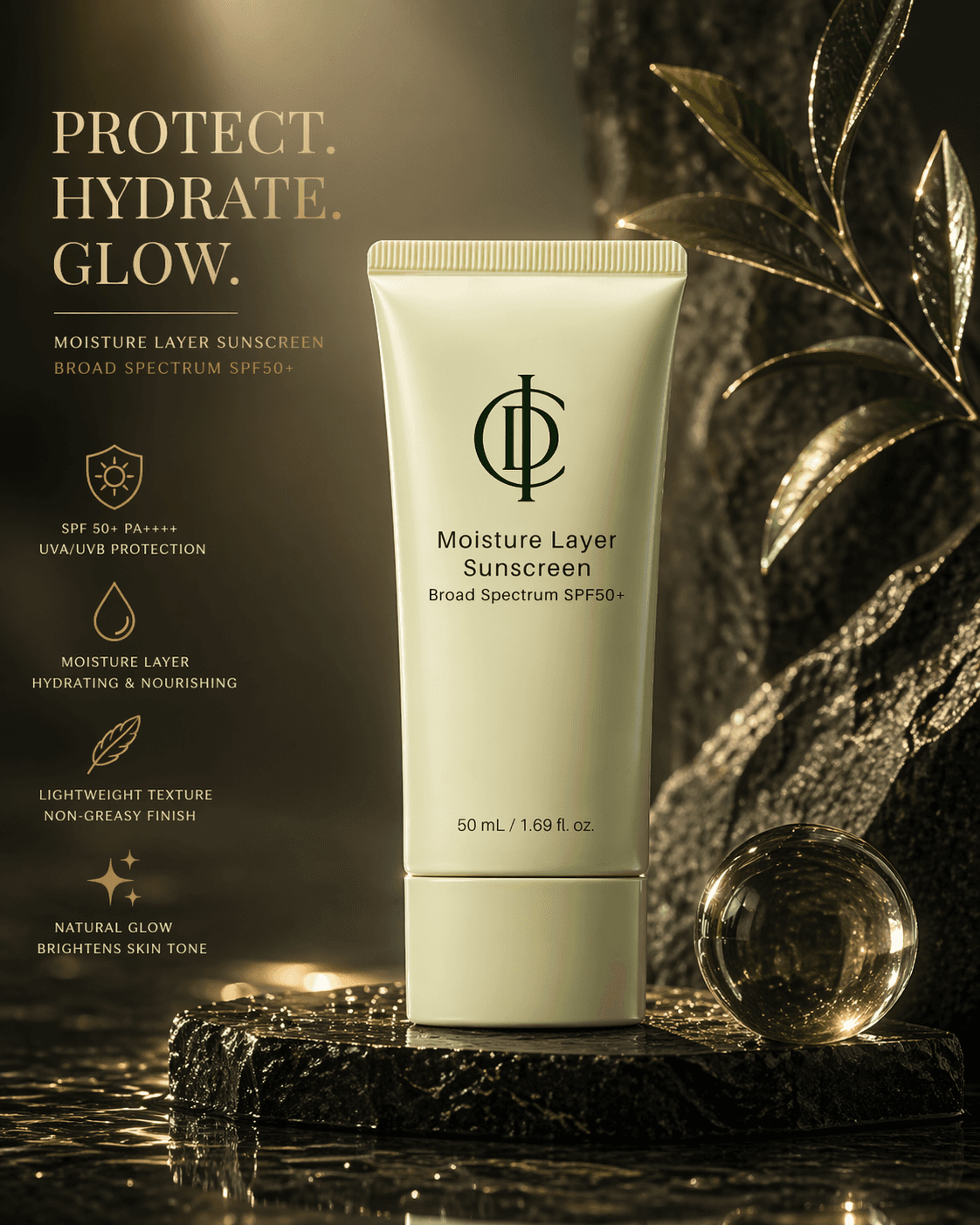 Moisture Layer Sunscreen SPF50+ trên bệ đá với ánh champagne